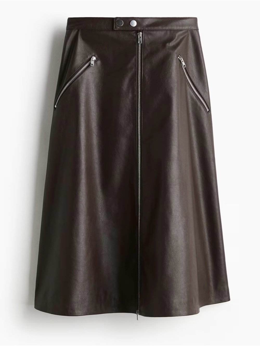 NWT Brown Faux Leather A-Line Midi Skirt Silver Zipper Moto High Rise Size 2